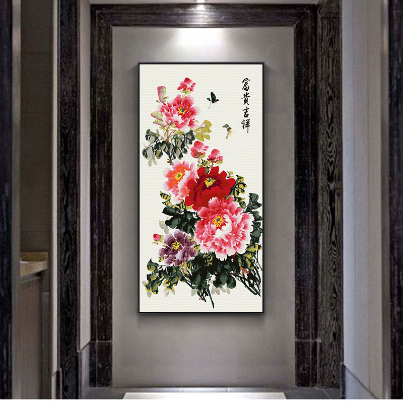 竖版国画牡丹花DIY数字油画新中式花卉客厅玄关装饰画花开富贵