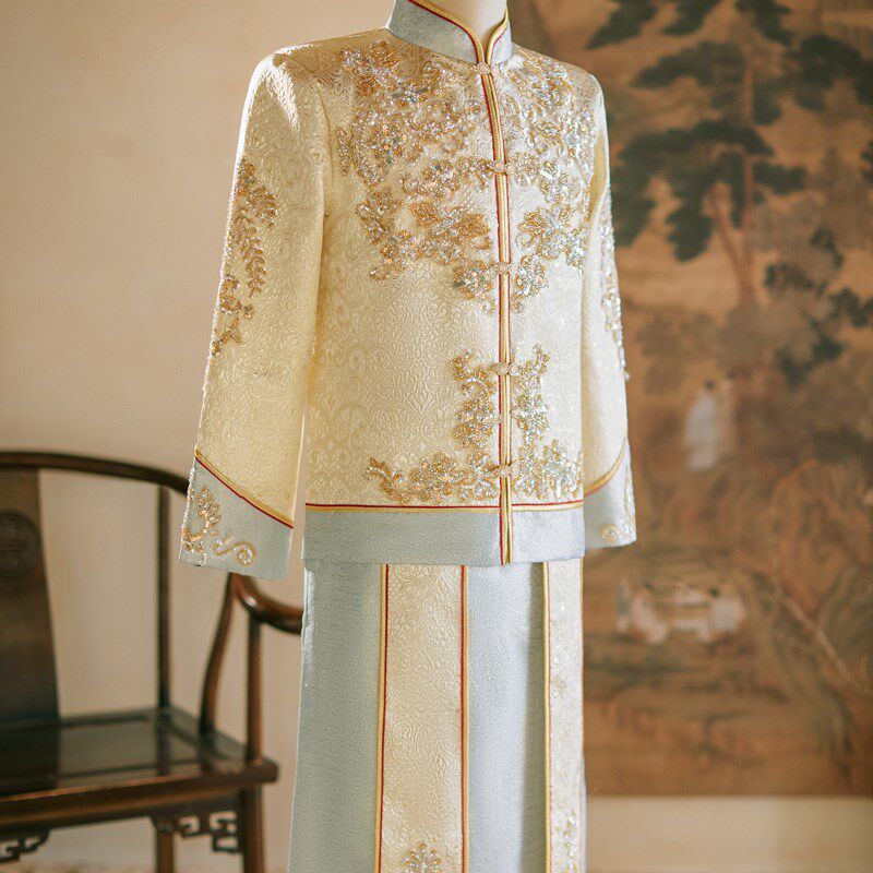 中式婚服秀禾服男士2024新款香槟色新郎服结婚接亲礼服唐装龙凤褂