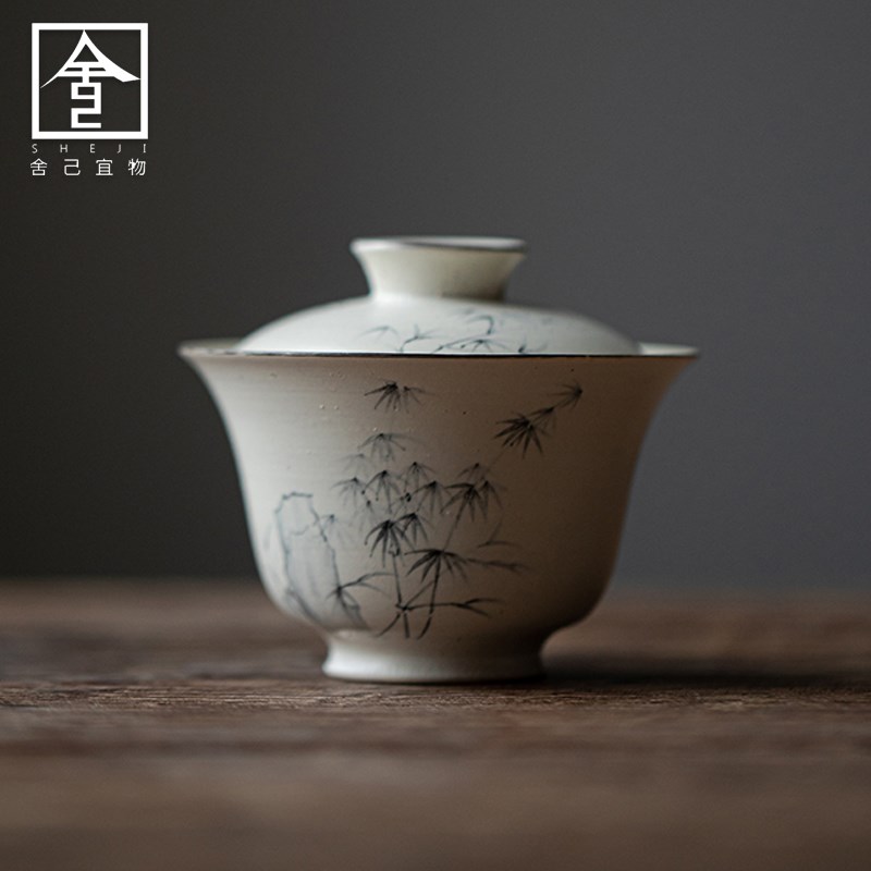 手绘墨竹粗陶茶杯中式文人茶器盖碗家用泡茶碗分茶器防烫手抓碗