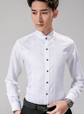 结婚衬衫男修身白色礼服衬衫夏季伴郎服婚礼演出新郎白色衬衣男士