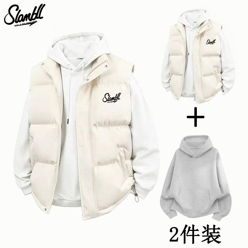 SLAMBALL美式藏青色棉服马甲男款冬季加绒加厚潮牌立领棉衣外套