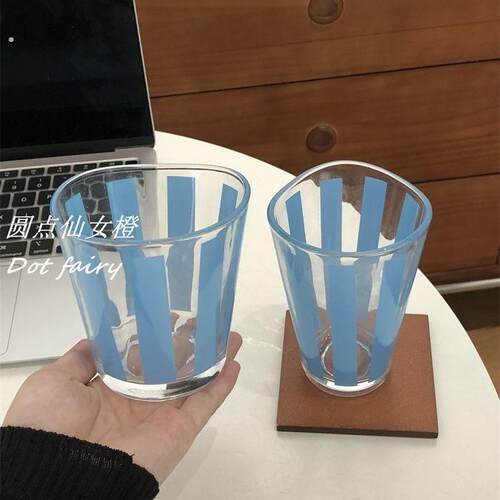 简约玻璃杯小众简约杯子蓝色条纹波点家用咖啡杯不规则水杯随手杯