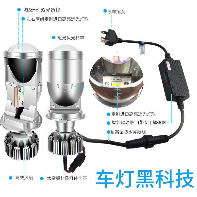汽车led大灯h4自带双光透镜超亮聚光远近一体强光摩托车灯泡通用