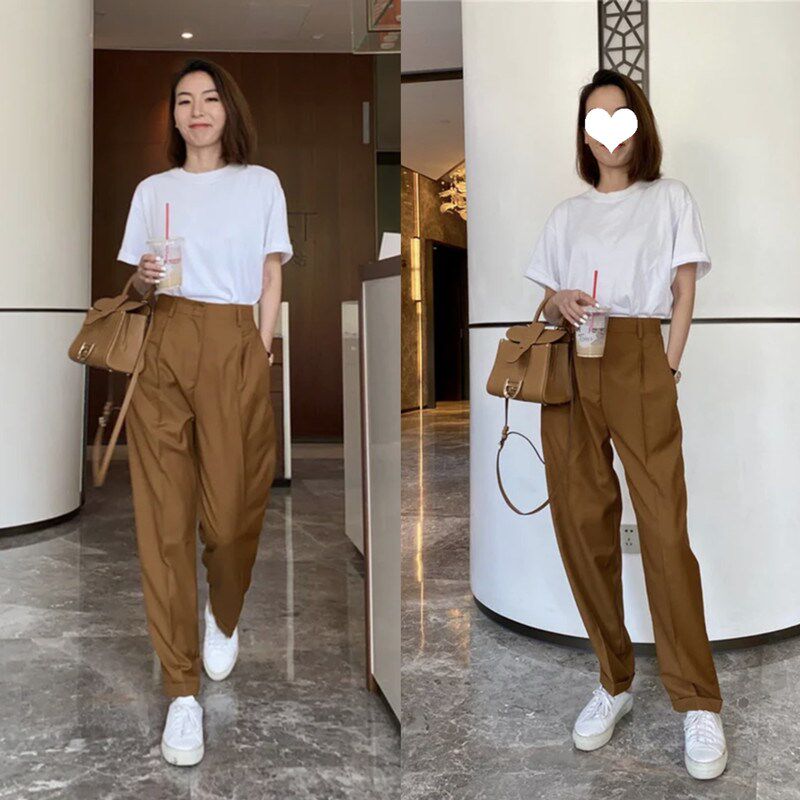 小众焦糖色高腰宽松休闲阔腿卷边西装长裤女设计感裤子夏季薄款