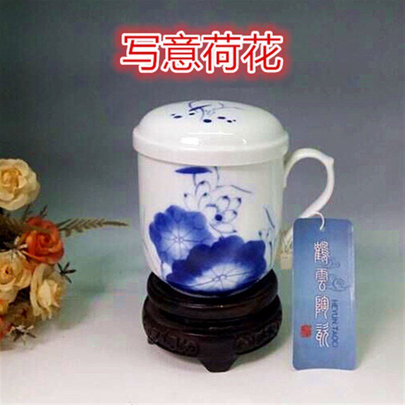 包邮景德镇鹤云陶瓷三件套手绘工笔荷花大号茶杯礼品杯办公杯