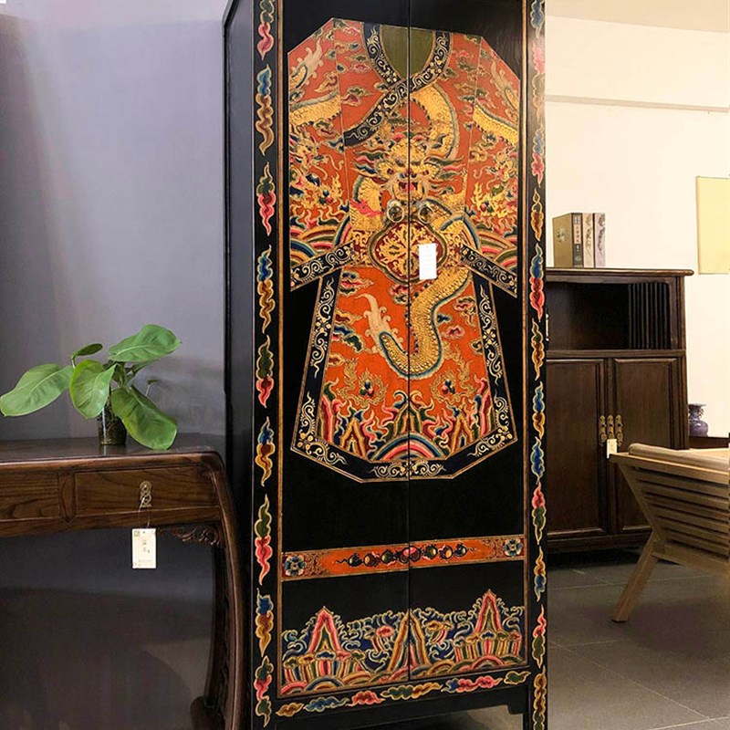 新中式仿古大衣柜做旧彩绘西藏式玄关高柜手绘置物柜酒店民宿家具