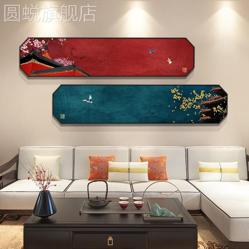 网红新中式客厅沙发背景墙装饰古典壁画八边形卧室床头中国风茶室
