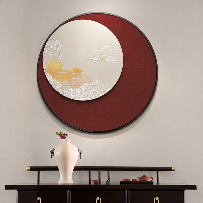 新中式入门玄关浮雕立体画日月同辉客厅背景墙装饰画茶室禅意挂画
