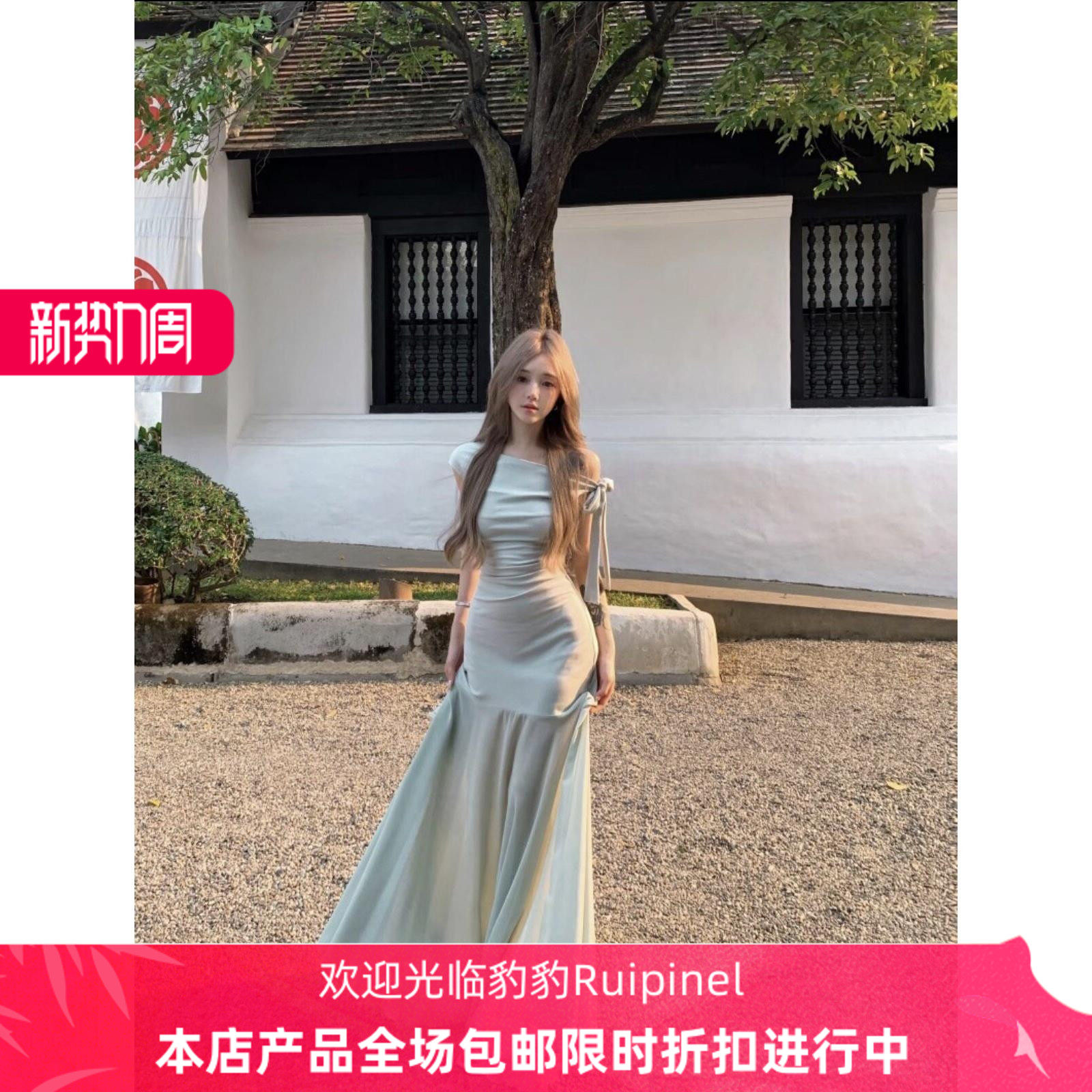 名媛清冷法式漏肩高质鱼尾一字肩斩男高质薄纱长裙