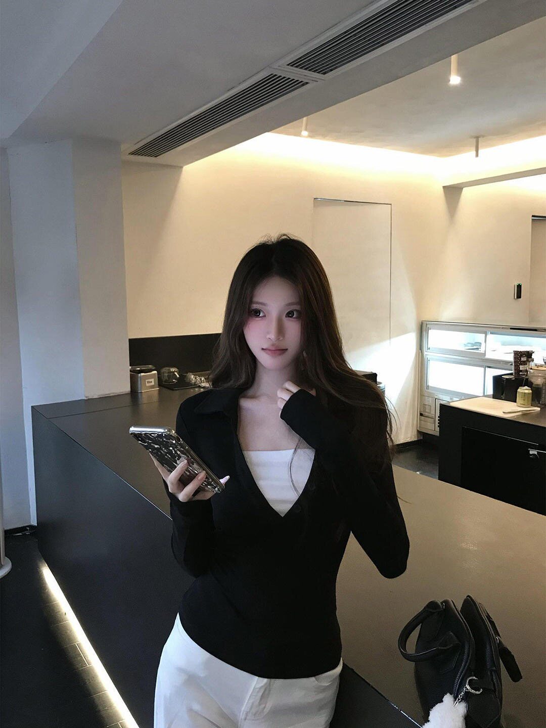 美式辣妹黑色假两件polo衫长袖T恤女早秋季休闲通勤气质外套