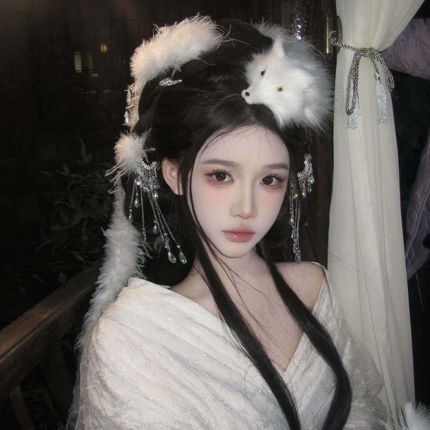 妲己白狐耳流苏发冠汉服cos
