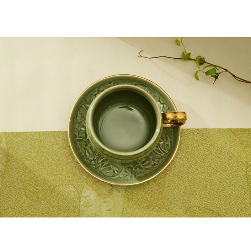 耀州窑青瓷中式仿古青釉逐兔戏月托杯功夫茶杯主人杯办公家用茶杯