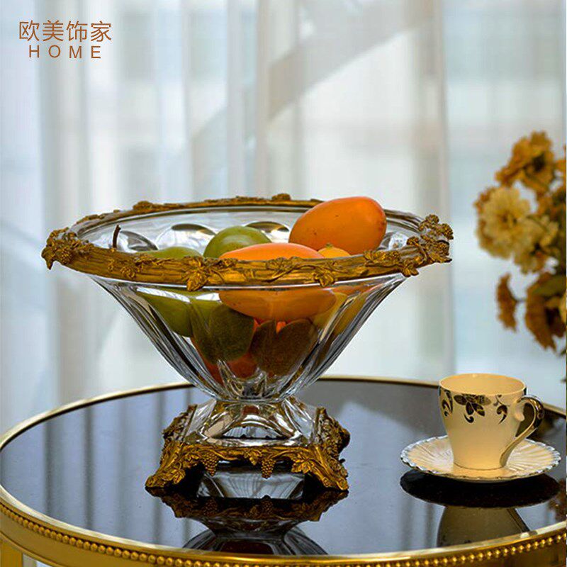 捷克水晶玻璃配铜花插果碗 硕果丰收美式家居客厅茶几摆件工艺品