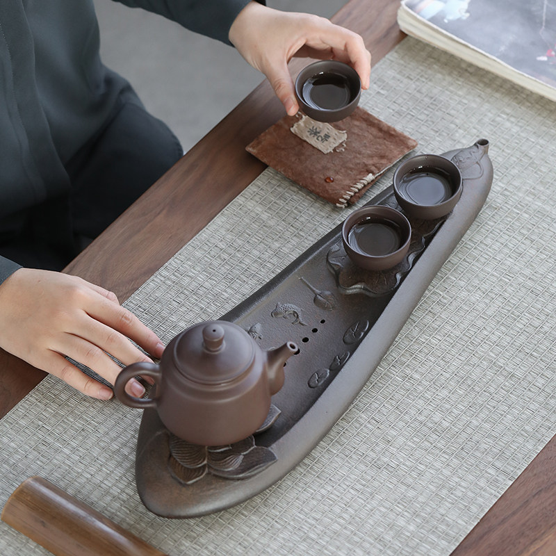 记今朝《鱼戏荷花》陶瓷干泡盘 壶承 茶托盘 蓄水 小型茶台 茶盘