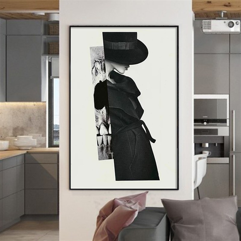 2019新品简约大气时尚黑白人物装饰画金属外框油画布面抽象饰品画