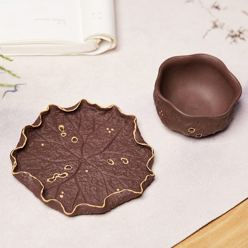 宜兴原矿紫砂品杯茶道品茗杯中式荷叶茶杯杯托茶托套组功夫茶具杯