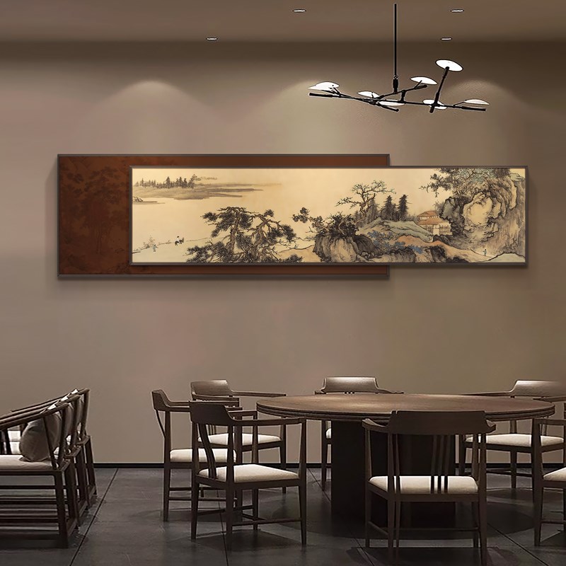 新中式客厅沙发背景装饰画酒店餐厅风景水墨背景墙长条横幅挂画
