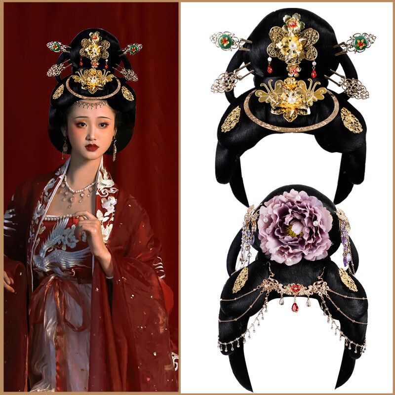 古风汉服发饰一体式假发头套贵妃唐装复古风发髻饰品组合cos表演