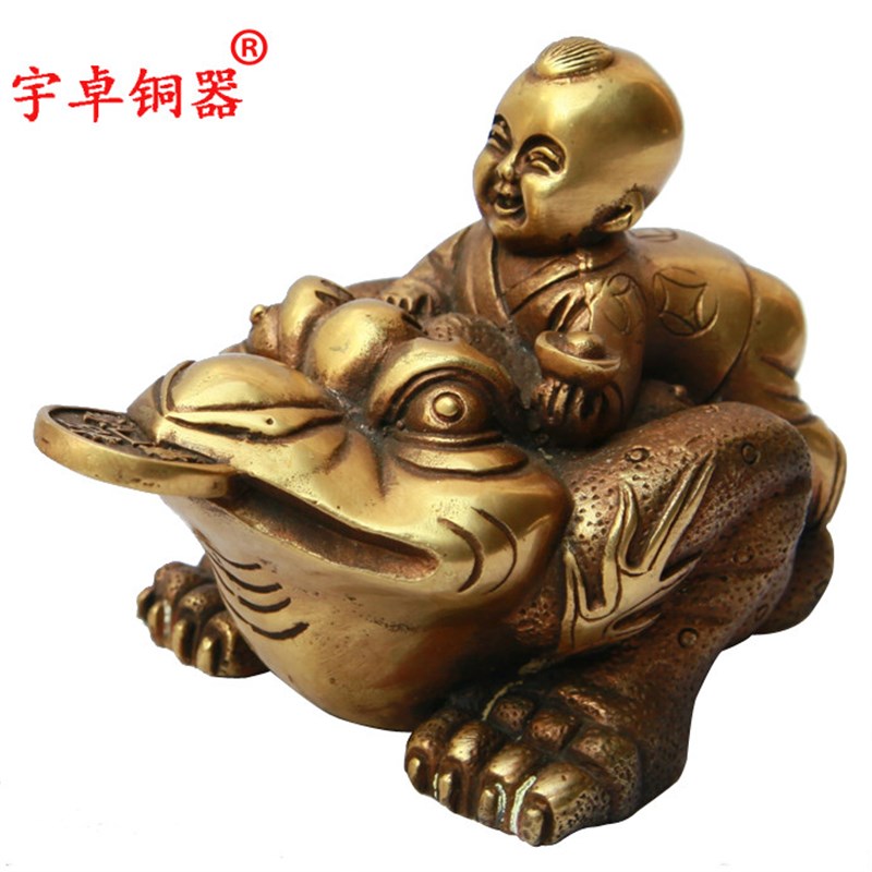 宇卓铜器桌面摆件 明清古典工艺品 纯铜童子金蟾摆饰 黄铜蟾蜍装