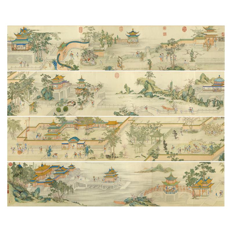 丁观鹏仿仇英汉宫春晓图卷亭台楼阁界画临摹范本微喷艺术绢布画心