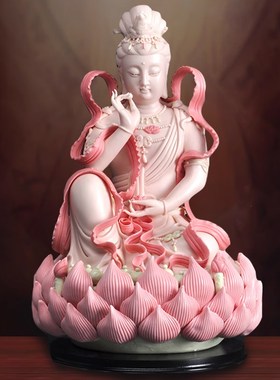 德白陶瓷飘带观音化瓷观世音菩萨像坐莲自在观音礼像送佛供奉摆件