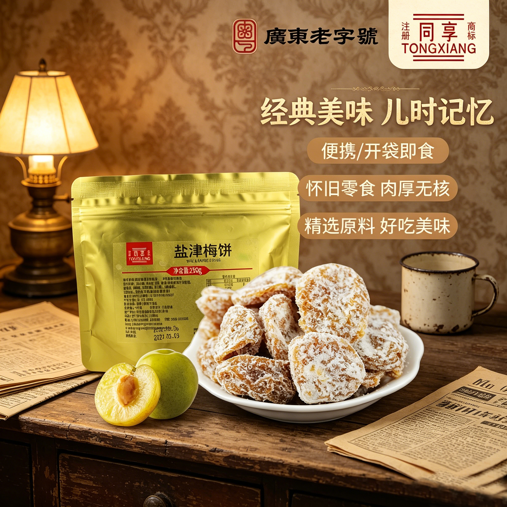 同享盐津梅饼孕妇爱吃怀旧小零食250g袋装酸甜无核话梅肉果脯蜜饯
