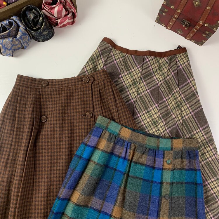 vintage日制古着秋冬款英伦撞色格纹A字百搭千鸟格毛料半身裙271