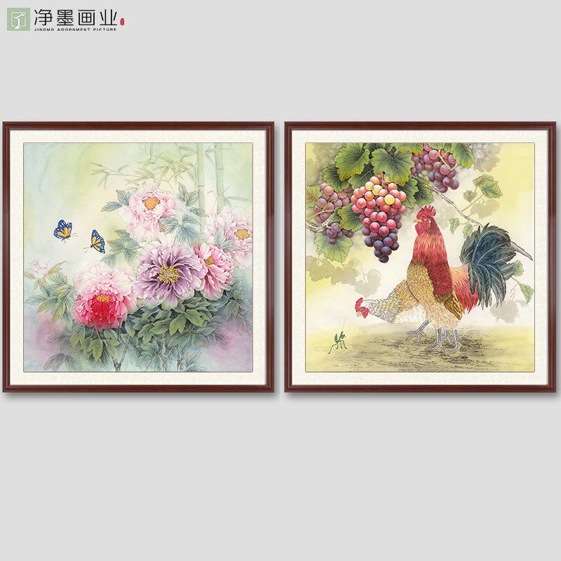 国画斗花牡丹花鸟方开富贵大吉公图鸡报晓雄鸡挂画装饰画入户玄关