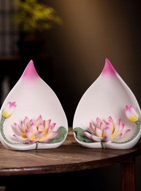 一路连升陶瓷饰花摆件手工瓷花中式礼厅玄关佛前装莲工艺品客品