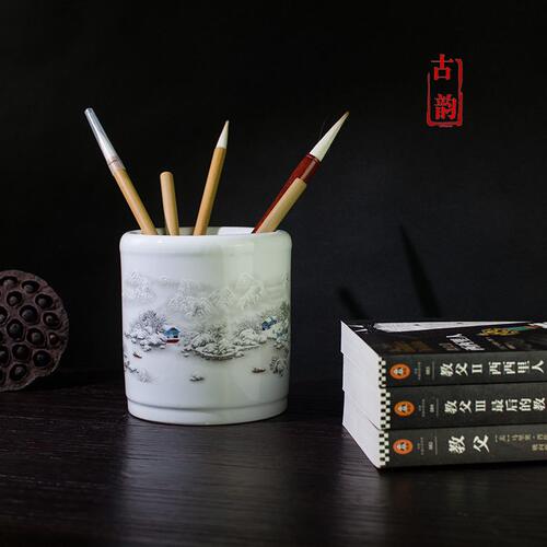 甄选景德镇特大号陶瓷笔筒复古中国风公书桌摆件仿古毛笔筒毛笔收