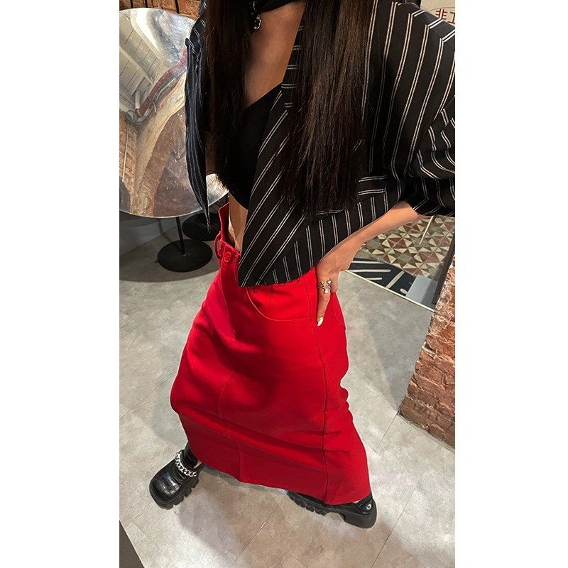 西九春秋新品高腰宽松桃心直筒一步裙开叉半身长裙红色显瘦女
