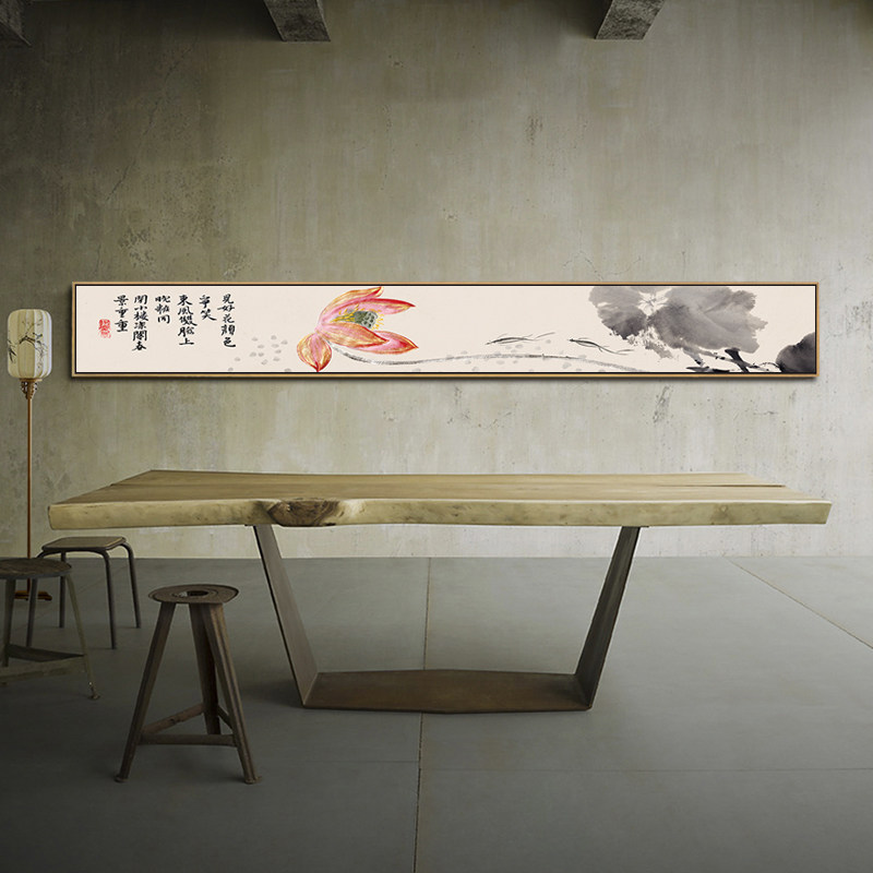 新中式客厅沙发背景墙装饰画窄长荷花水墨画餐厅挂画长条壁画床头