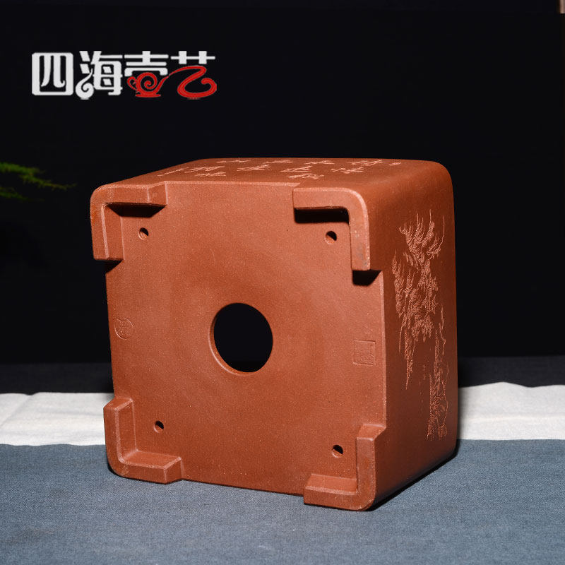 宜兴紫砂花盆 精品 本色清水泥 树桩松针盆 手工刻绘直口长方四方