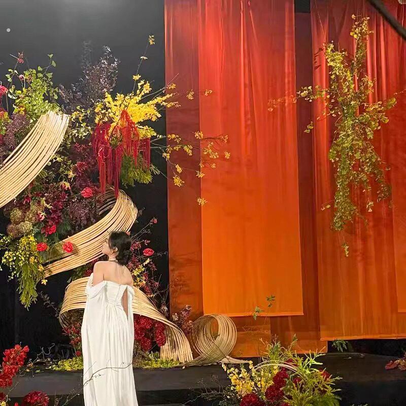 定制纱缦婚礼橘红橙渐层色半透纱打印雪纺装饰屏风纱婚庆背景布幔