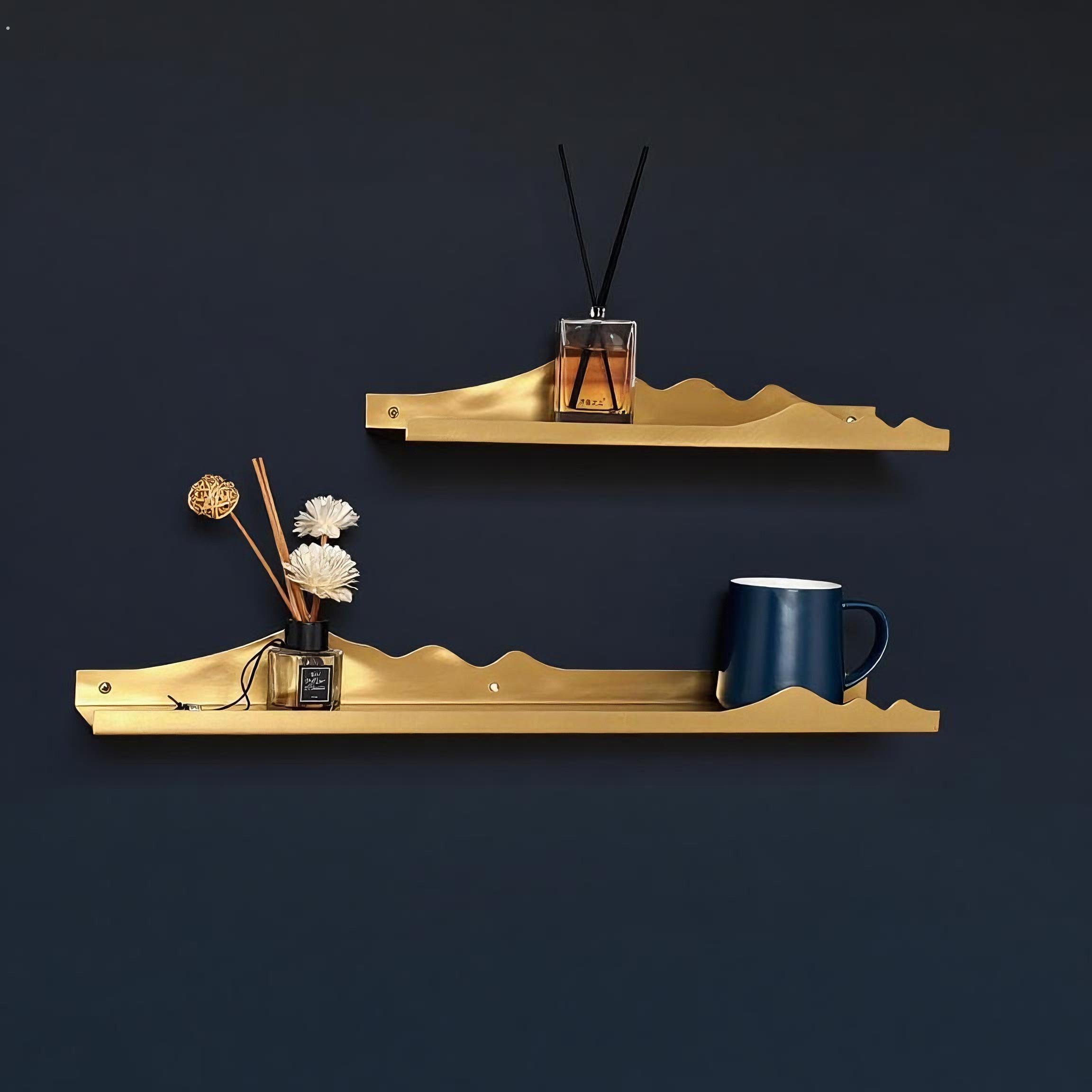 铜栖定制中式黄铜置物架山形镜前客厅化妆室浴隔板收纳层架壁龛简