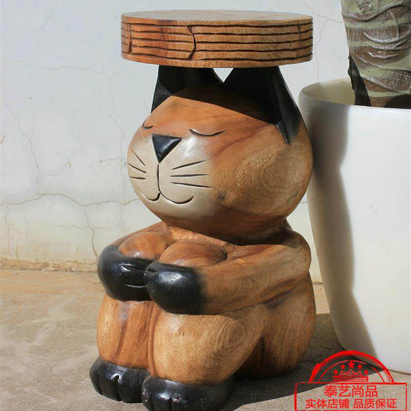 泰国木雕猫凳天然手工实木创意可爱猫摆件家用客厅电视柜时尚花几