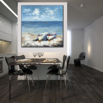 海创静手绘油画地中原风格小船玄关装饰画蓝色海洋安纯心灵的壁画