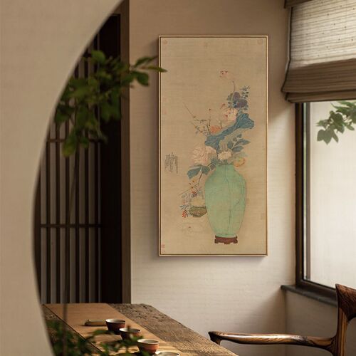 平安如意花卉图挂画清壁永瑢花代古画国画茶室玄关背景墙瓶画带框