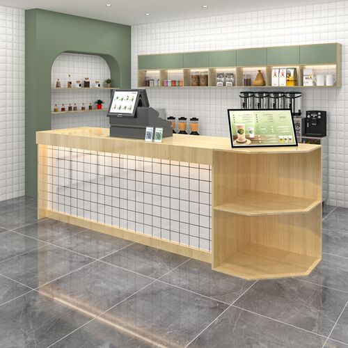 烤漆弧形转饮店前台茶奶桌店柜台便利店收银台实木接待台吧台餐角