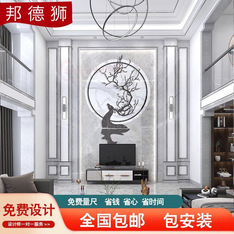 法式简欧式复式楼电视背景墙空板挑马别墅客厅瓷砖罗岩柱仿大理石