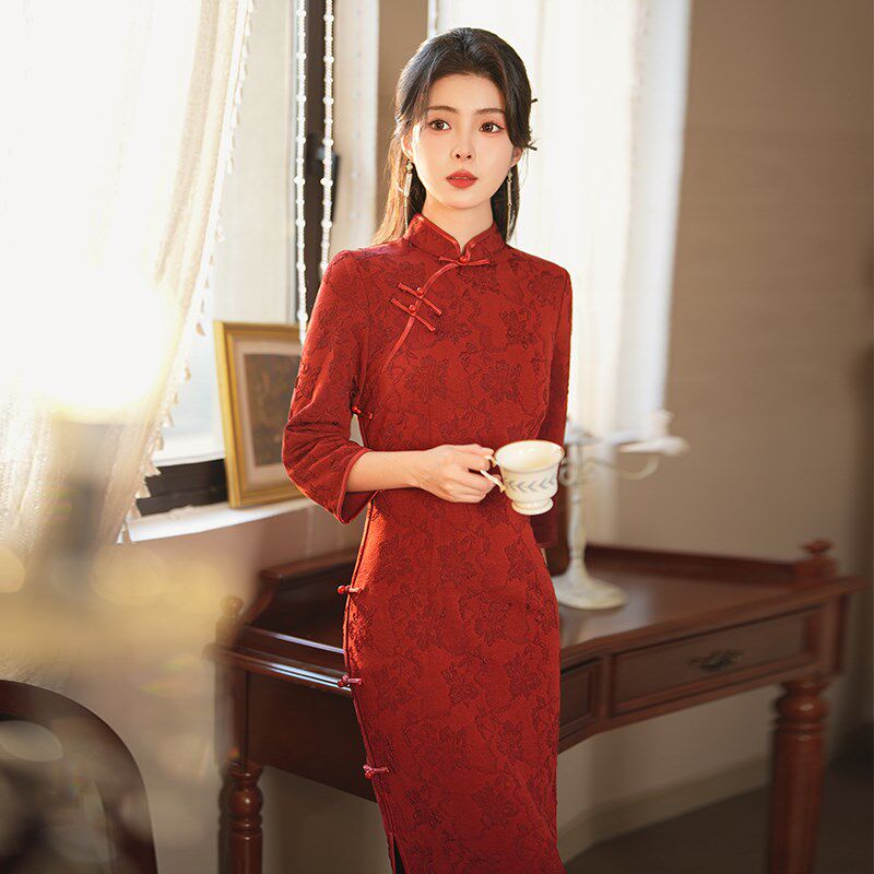 红色新中式新娘旗袍改良敬酒服2024新款订婚礼服连衣裙回门长袖秋