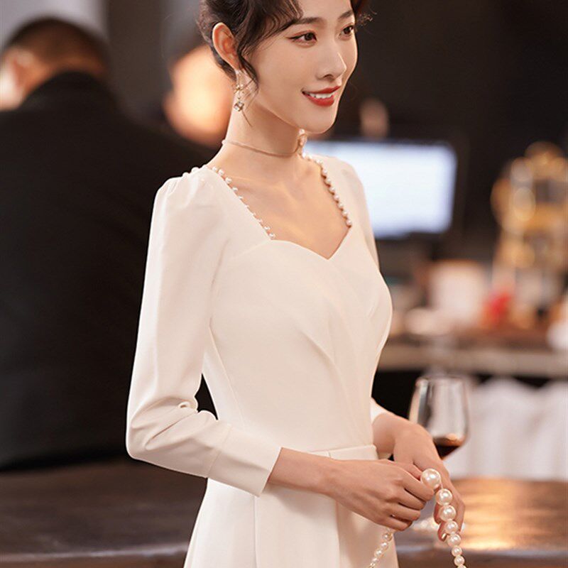 白色礼服平时可穿法式登记领证结婚小白裙钉珠长袖小个子连衣裙