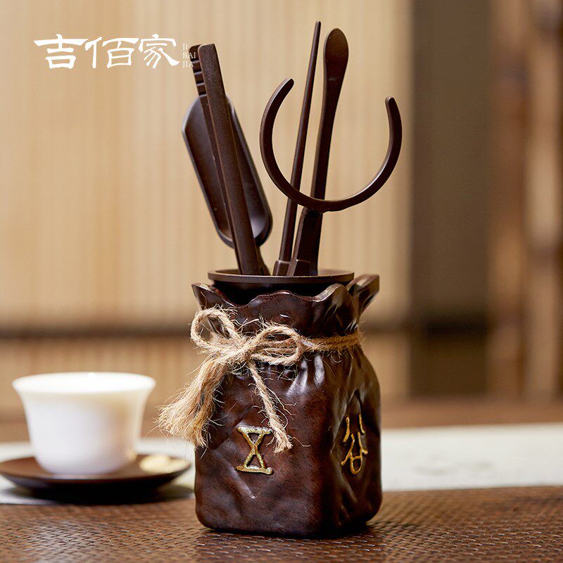 吉佰家茶具配件茶道六君子套装黑檀木日式电木茶夹茶托实木祥云福