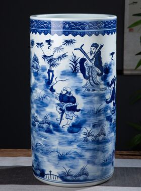 景德镇陶瓷青花瓷八仙图箭筒剑筒收纳卷轴缸书画缸落地花瓶书房大