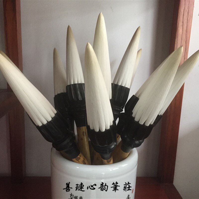 湖笔莲蓬齐头笔 纯羊毫毛笔老羊毛 牛角斑竹笔杆专业用笔