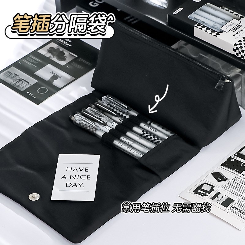 三角笔袋立体多层耐脏简约透明小众嗞吸创意大容量新款百搭文具袋