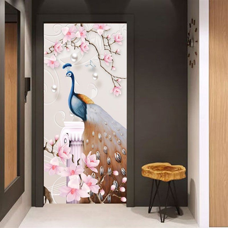 门贴墙整张入户门纸d立体自粘门画玄关防盗门门上装饰中式贴画3贴
