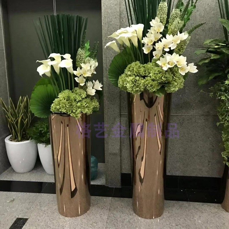 酒店不器广场落地花盆家锈钢花箱厂家订制厂花直销电镀玫瑰金花瓶