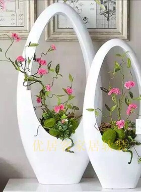 客厅简空镂约创意玻璃钢落地大插花瓶摆真花套装花器白色仿件装饰
