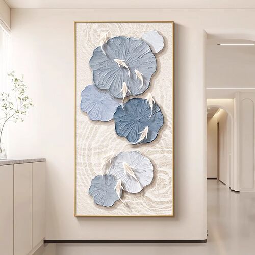 荷花九代图玄关简饰画装约现鱼客厅入户门墙壁画走廊过道尽头挂画